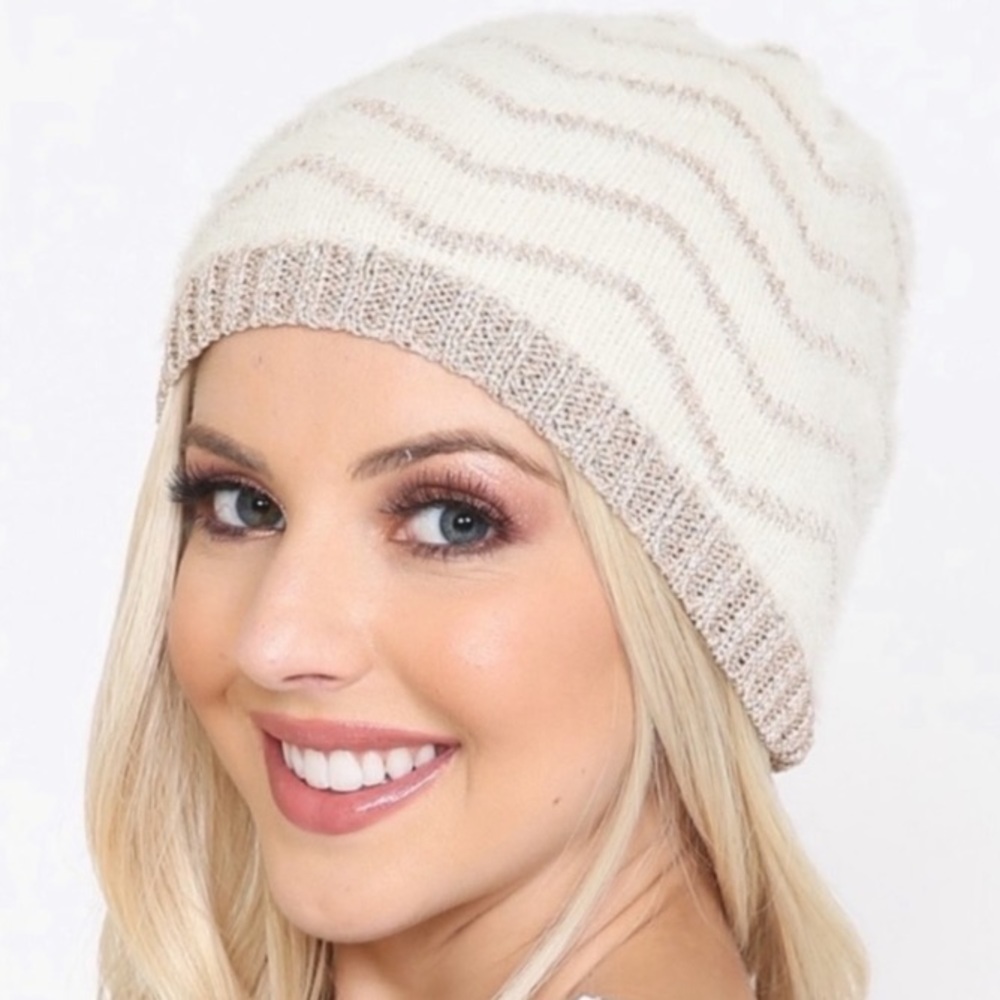 Ivory metallic ultra soft fuzzy beanie